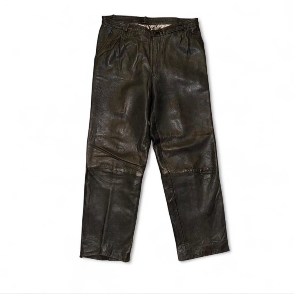 Vintage Black Leather Pants 90s Genuine Leather Trousers Straight Leg